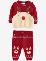 Baby Festive Red Reindeer Knit Jumper and Fair Isle Leggings Set - Image 5