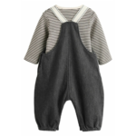 Stylish Black Denim Look Dungaree and Striped Top Set - Image 2