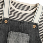 Stylish Black Denim Look Dungaree and Striped Top Set