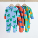 Cozy Rib-Knit 3-Pack Dinosaur Print Footie Rompers