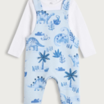 Newborn Watercolour Blue Dinosaur Dungaree and White Bodysuit Set