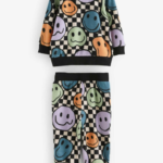 Kids' Funky Checkerboard Smiley Face Fleece Jumper and Jogger Pyjama Set - Image 2