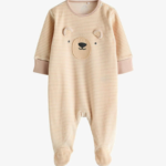 Newborn Neutral Striped Bear Face Fleece Footed Sleepsuit