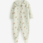 Baby Girls' Quilted Mint Green Sleepsuit with Bunny and Floral Print
