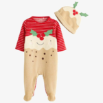 Festive Pudding Character Velvet Romper with Hat Set