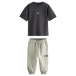 Stylish Infant Charcoal T-Shirt & Sage Green Cargo Pants Set