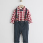 Dapper Baby Boy Festive Outfit: Plaid Shirt, Corduroy Pants & Bow Tie Set