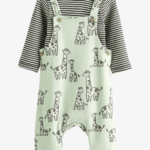 Cute Giraffe Print Dungaree and Striped Top Set - Image 2