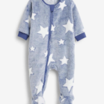 Soft Blue Star Print Teddy Fleece Footed Sleepsuit